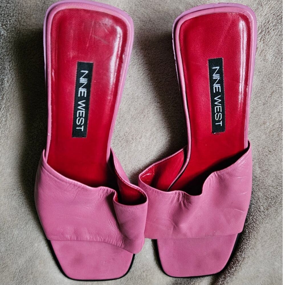 Nine West Square Toe Slide Sandals Pink Leather Mules Y2K 90s Slip On Sz 8.5 - Picture 2 of 14